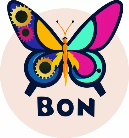 Logo przedstawiające motyla w stylu steampunk z napisem BON