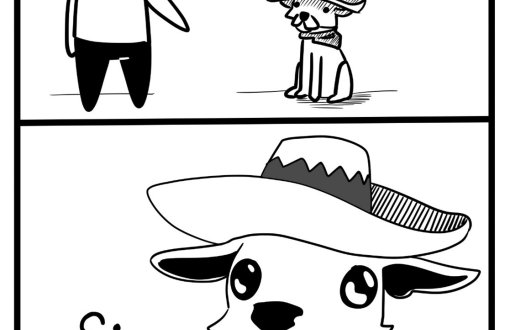 Dwa proste obrazki tworzące komiks o chłopcu i psie mówiących po hiszpańsku